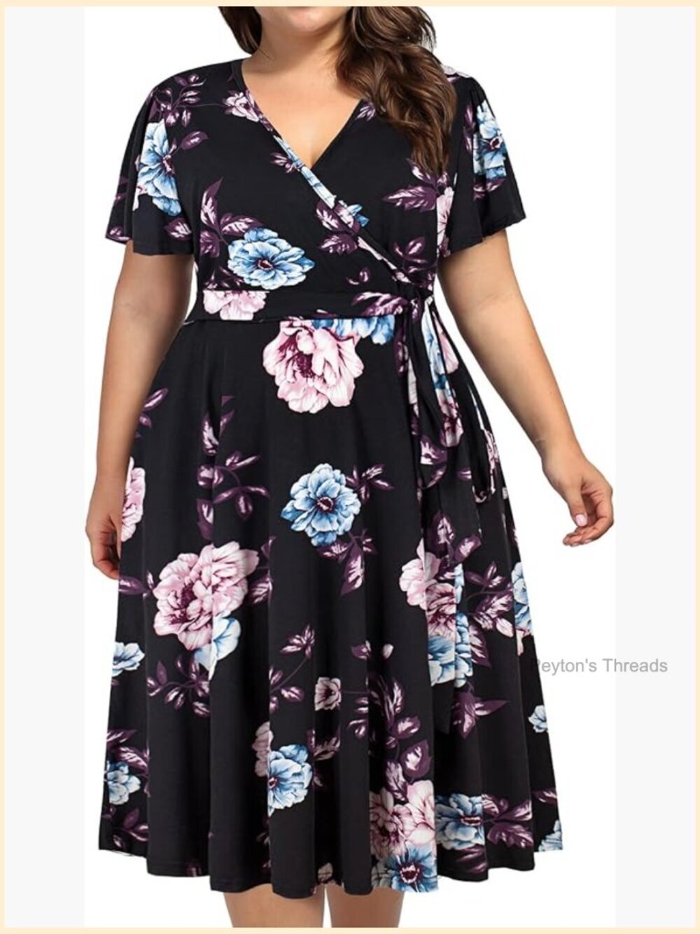 Plus Size Floral V-Neck Midi Dress with Pockets & Belt